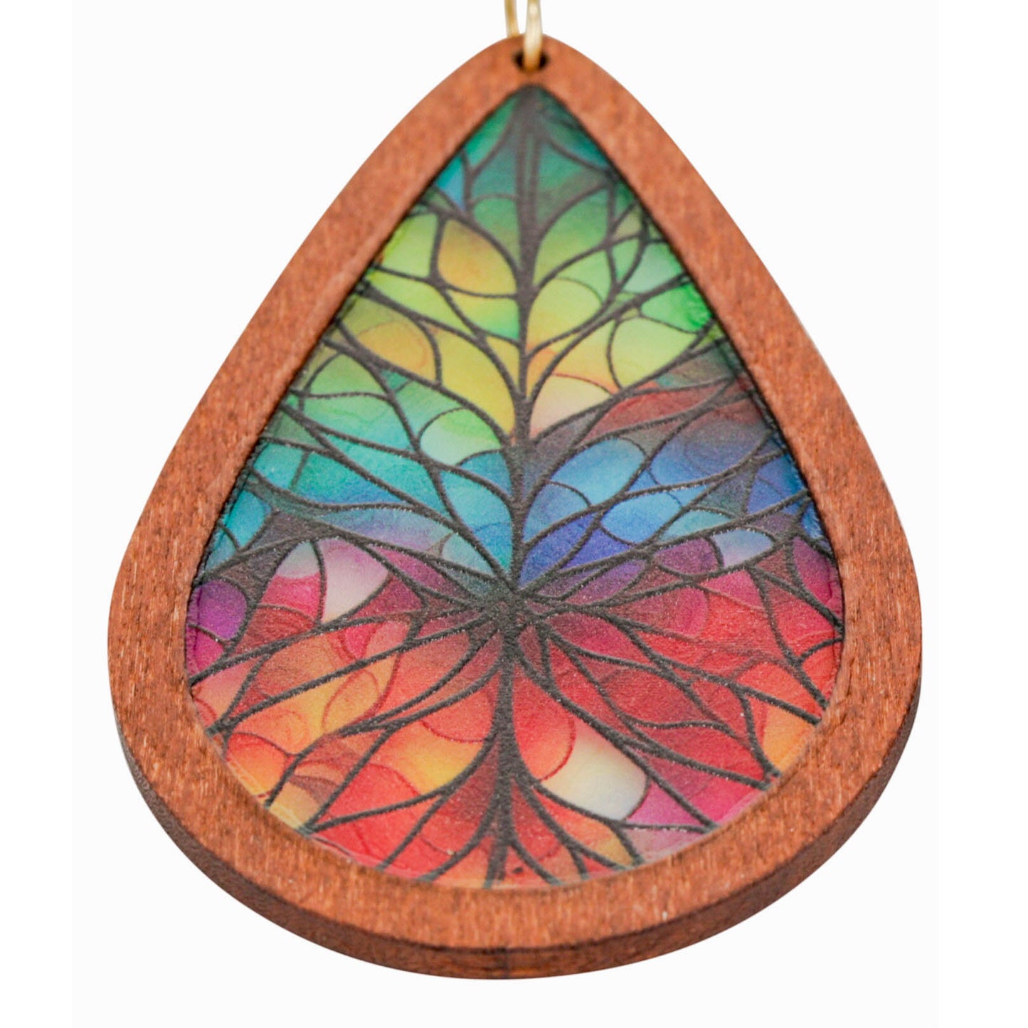 Stained Glass Wooden Teardrop Gold Clip On Dangling Earrings
