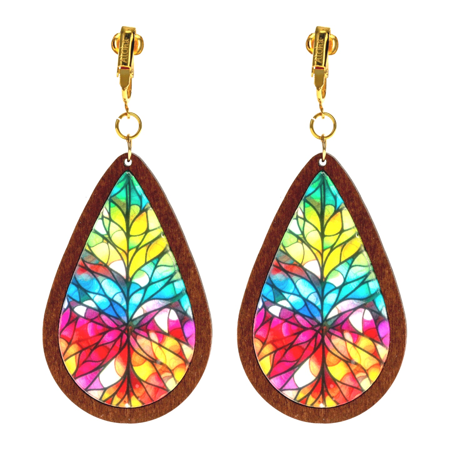 Stained Glass Wooden Teardrop Gold Clip On Dangling Earrings