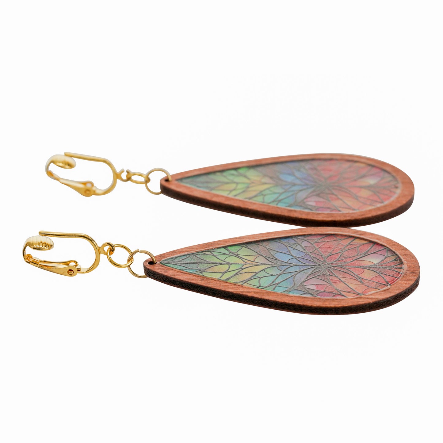 Stained Glass Wooden Teardrop Gold Clip On Dangling Earrings
