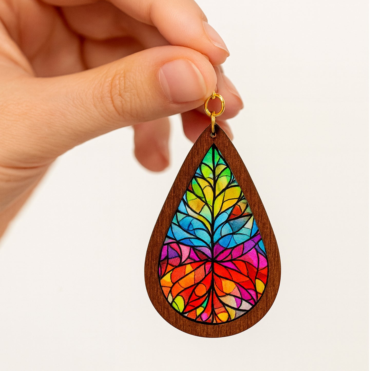 Stained Glass Wooden Teardrop Gold Clip On Dangling Earrings