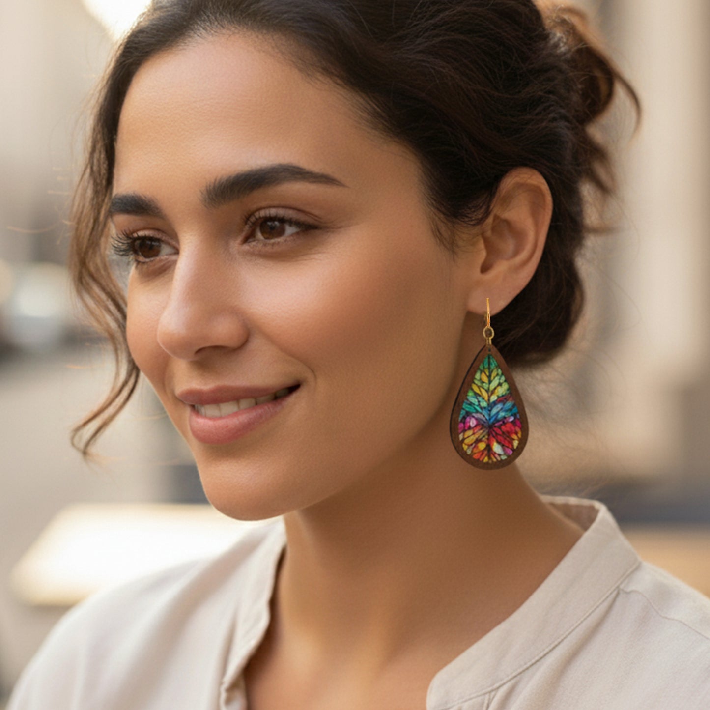Stained Glass Wooden Teardrop Gold Clip On Dangling Earrings