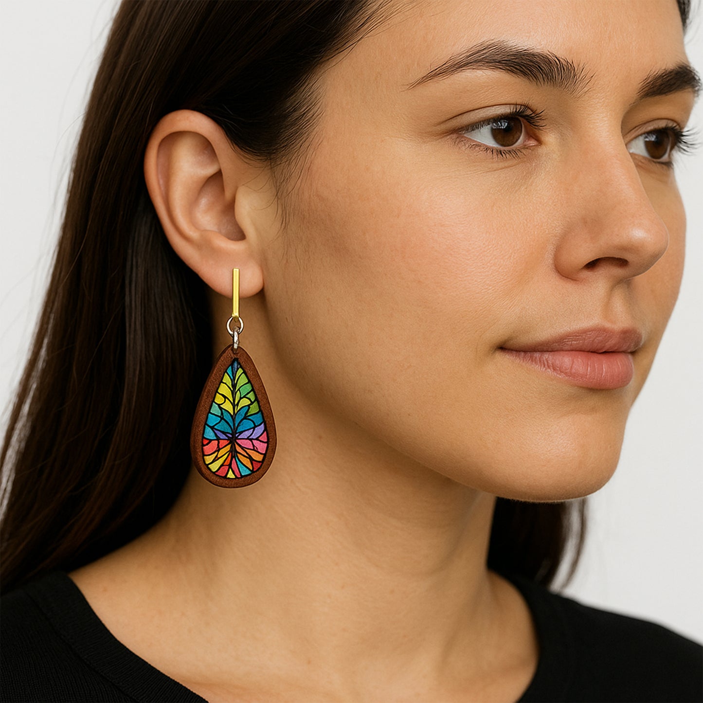 Stained Glass Wooden Teardrop Gold Clip On Dangling Earrings