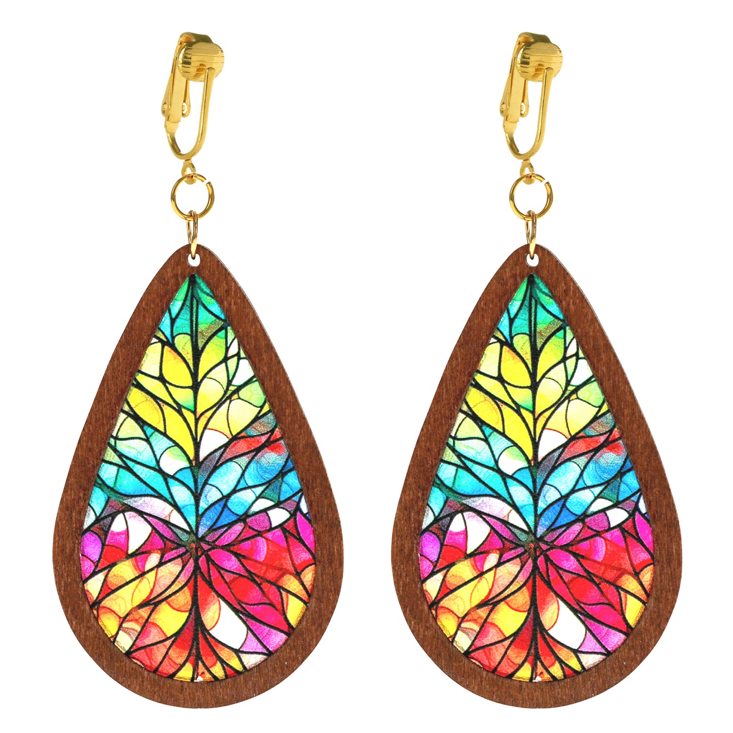 Stained Glass Wooden Teardrop Gold Clip On Dangling Earrings