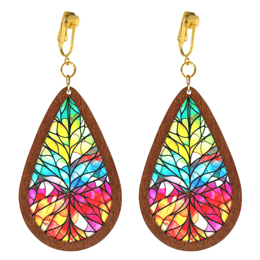 Stained Glass Wooden Teardrop Gold Clip On Dangling Earrings
