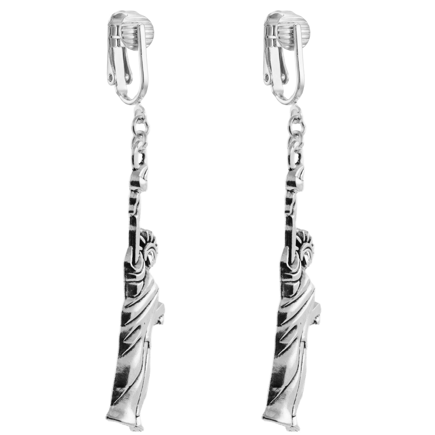 Silver Statue of Liberty Clip On Dangling Earrings
