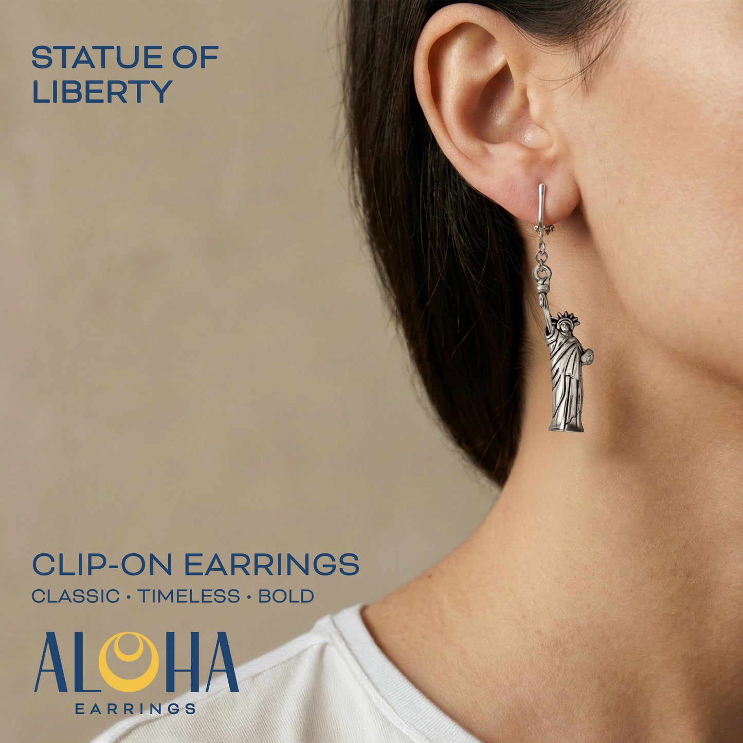 Silver Statue of Liberty Clip On Dangling Earrings