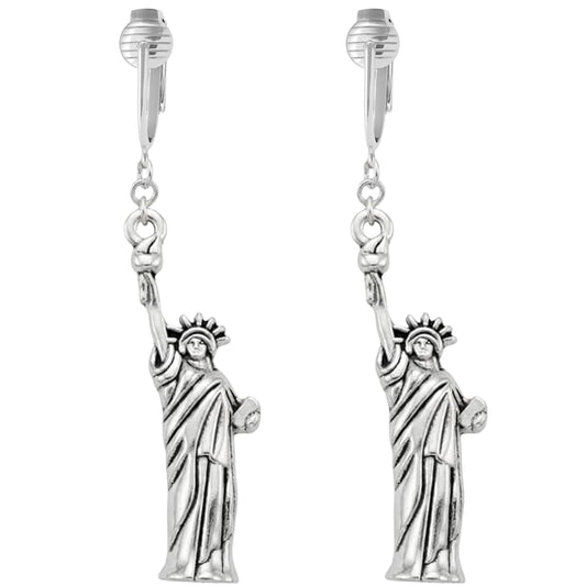 Silver Statue of Liberty Clip On Dangling Earrings