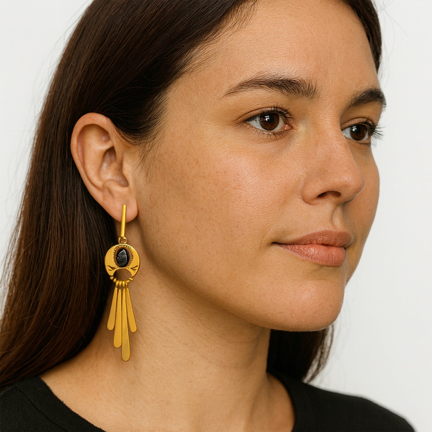 Gold Stone Tassels Clip On Dangling Earrings