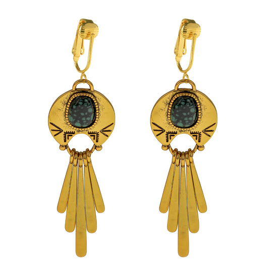Gold Stone Tassels Clip On Dangling Earrings