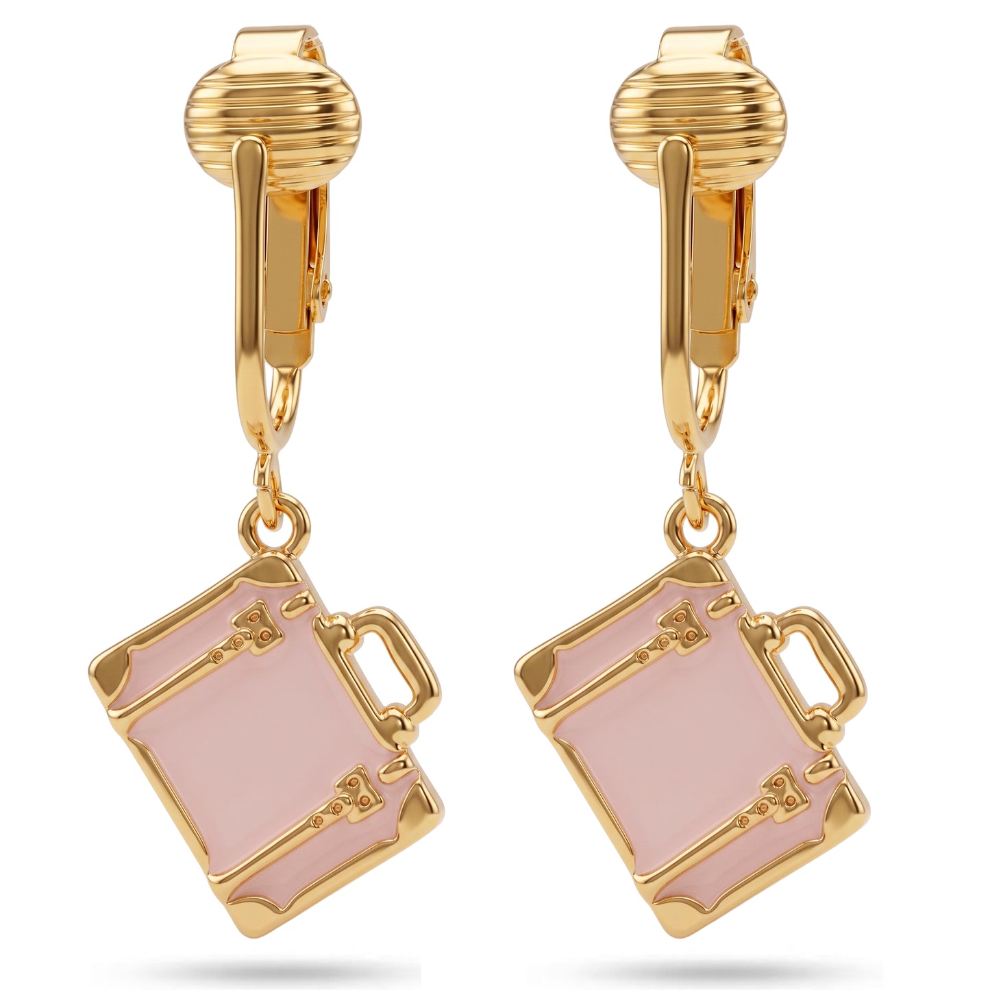 Pink Suitcase Gold Clip On Dangling Earrings