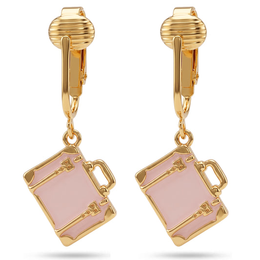 Pink Suitcase Gold Clip On Dangling Earrings