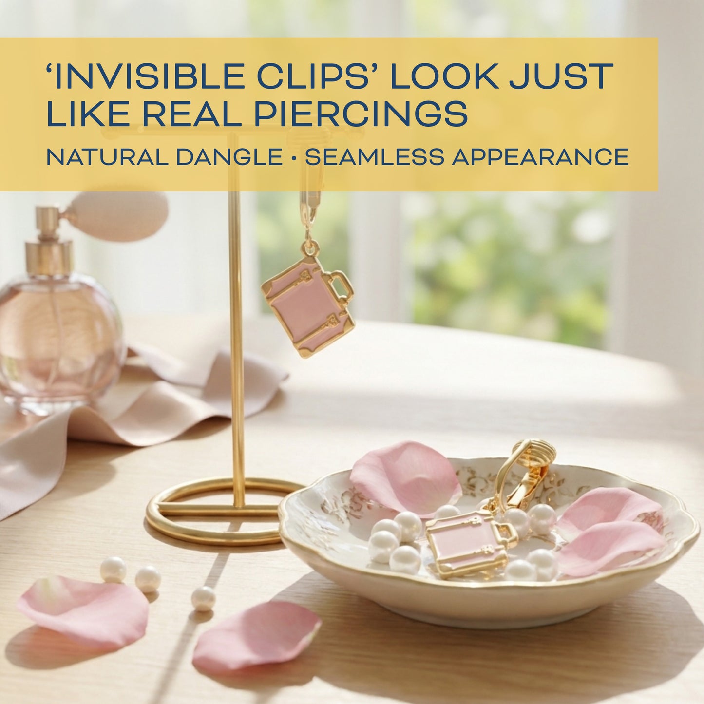 Pink Suitcase Gold Clip On Dangling Earrings