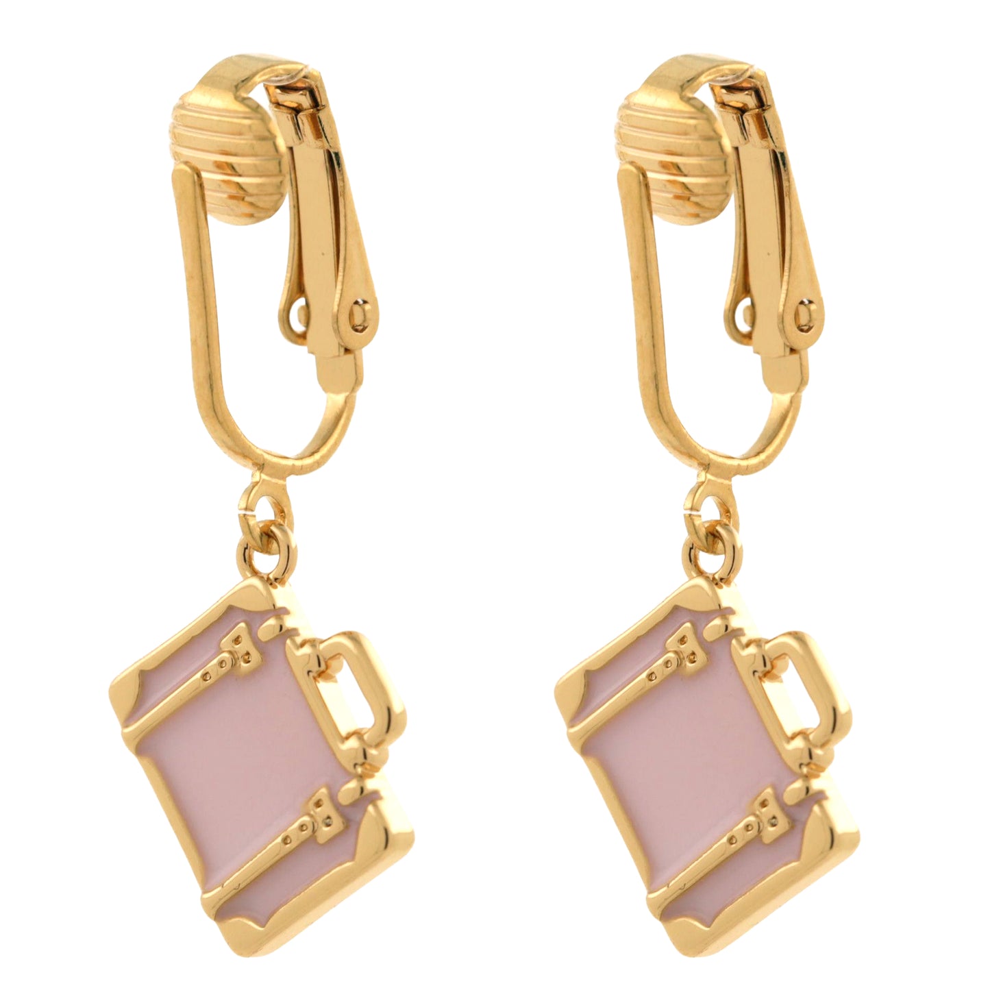 Pink Suitcase Gold Clip On Dangling Earrings