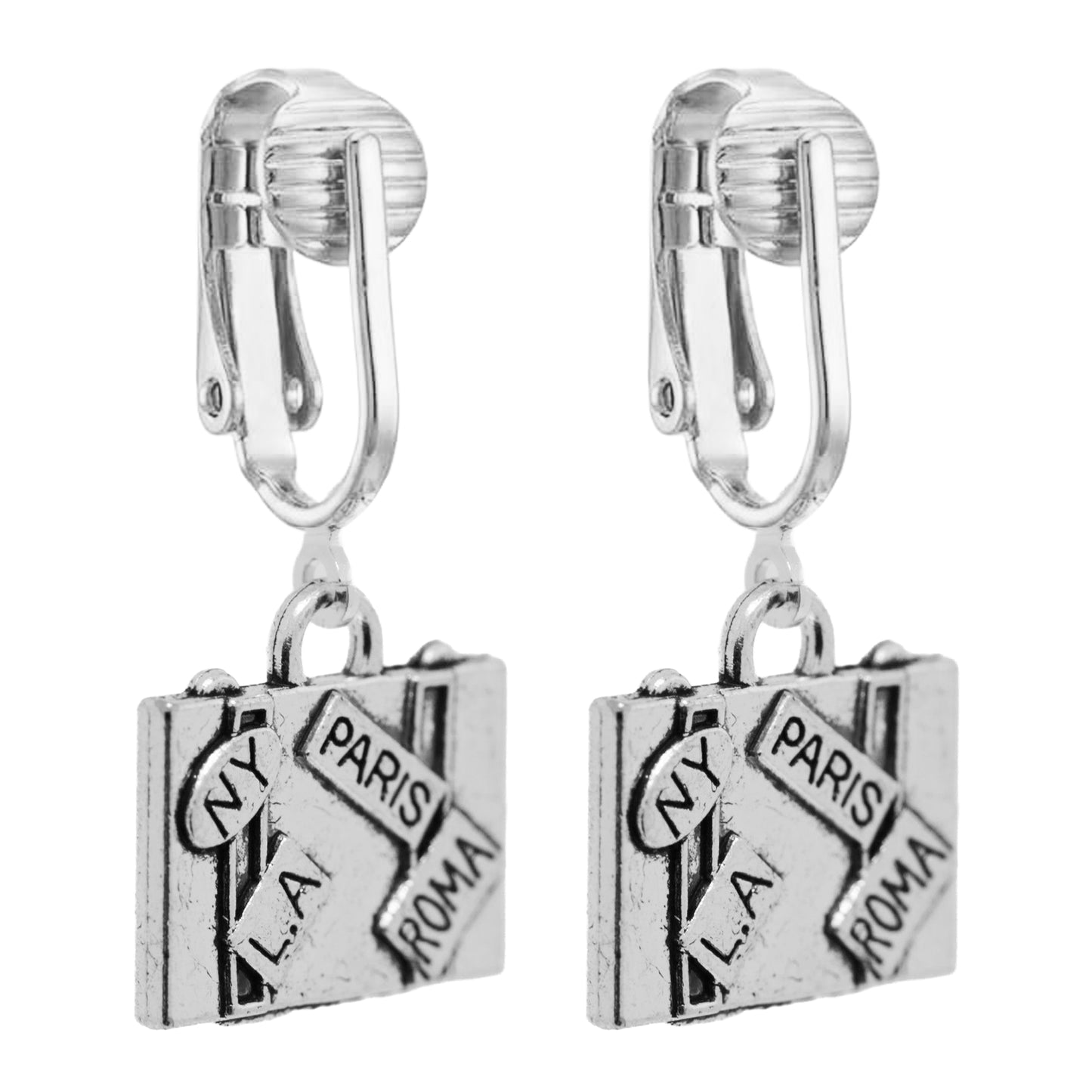 Silver Suitcase Clip On Dangling Earrings