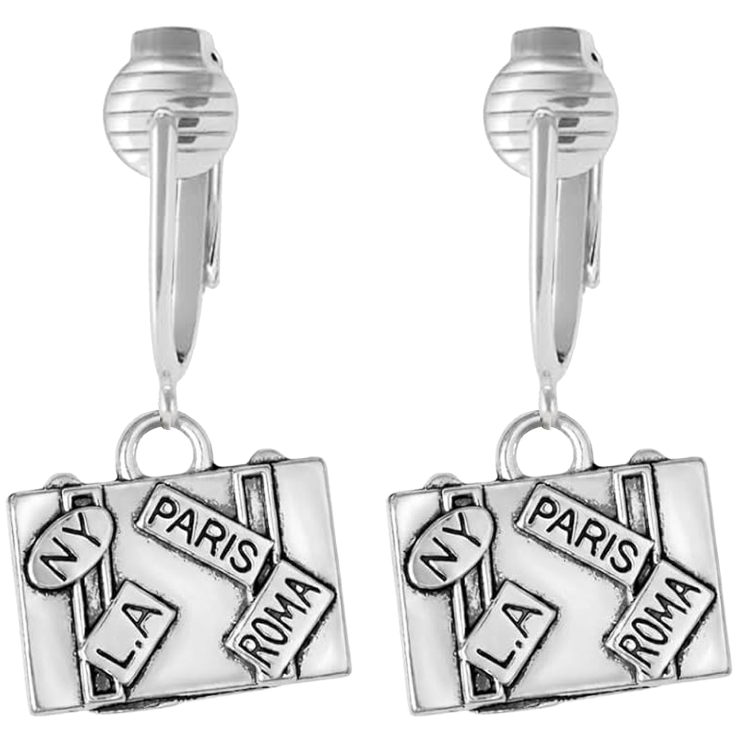 Silver Suitcase Clip On Dangling Earrings