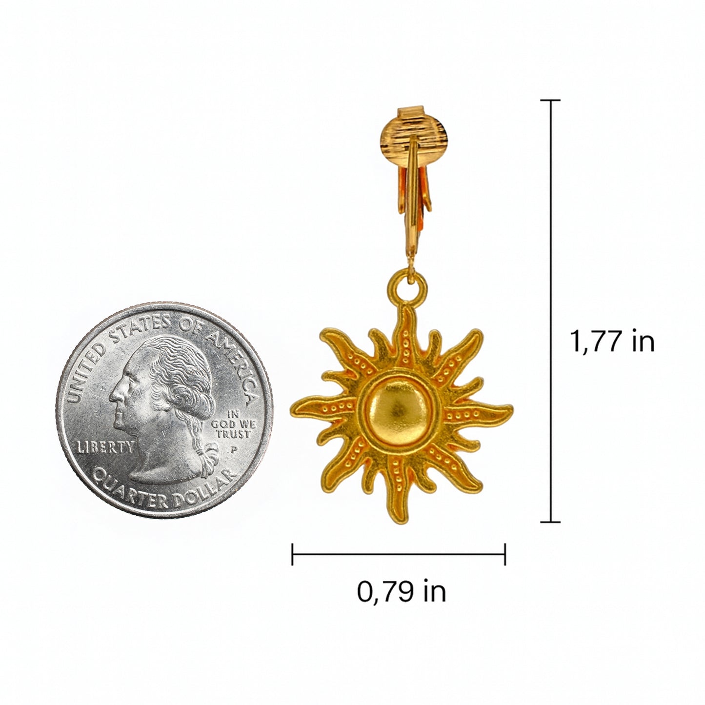 Gold Sun Clip On Dangling Earrings