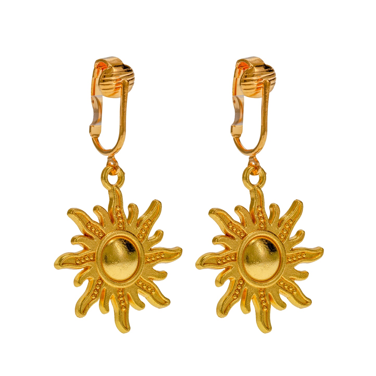 Gold Sun Clip On Dangling Earrings