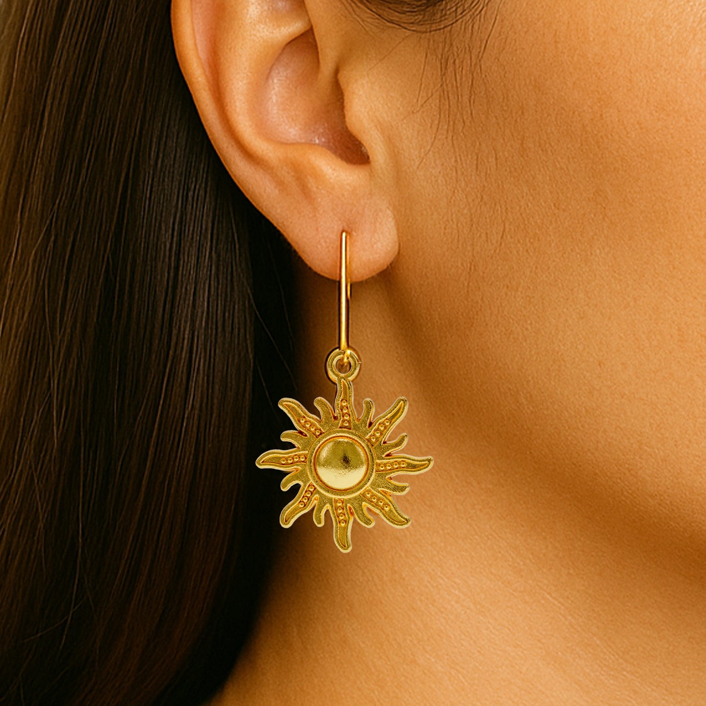 Gold Sun Clip On Dangling Earrings