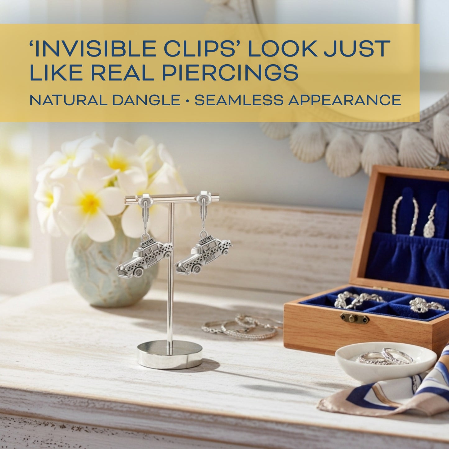 Silver Taxi Clip On Dangling Earrings