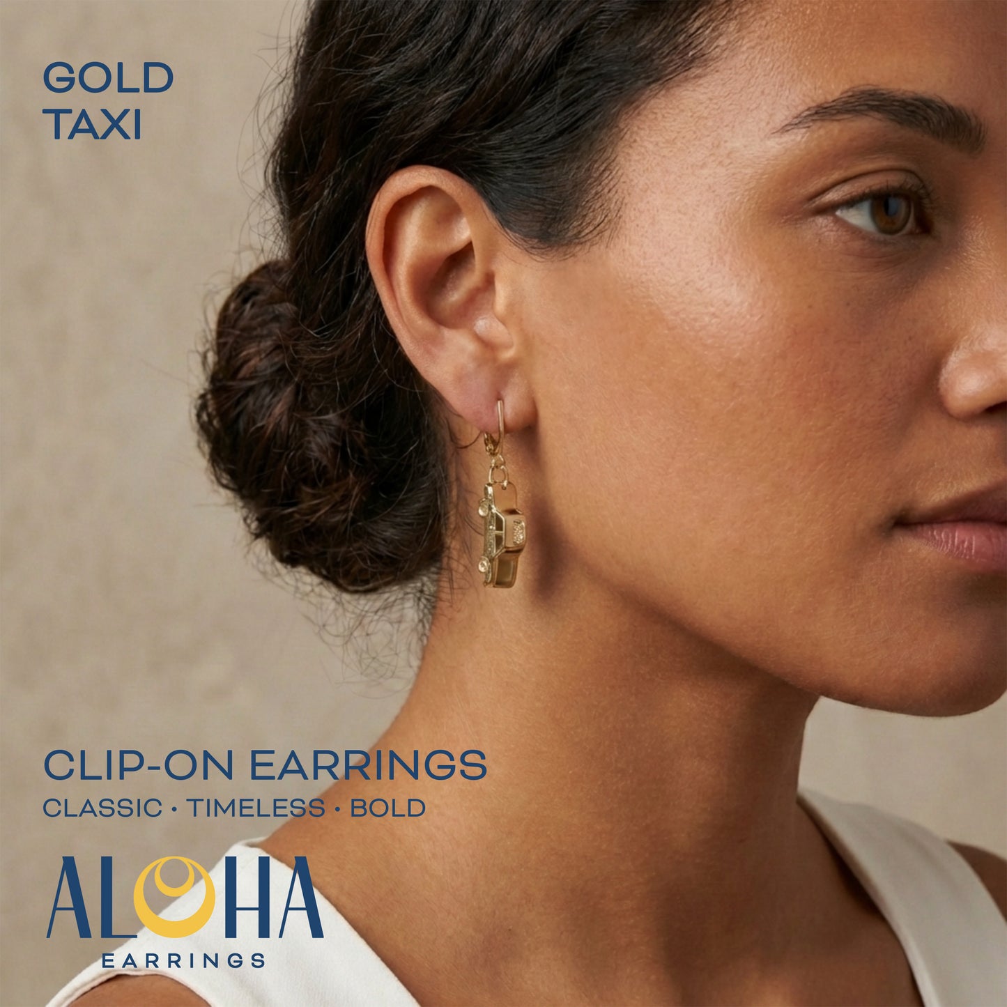 Gold Taxi Clip On Dangling Earrings
