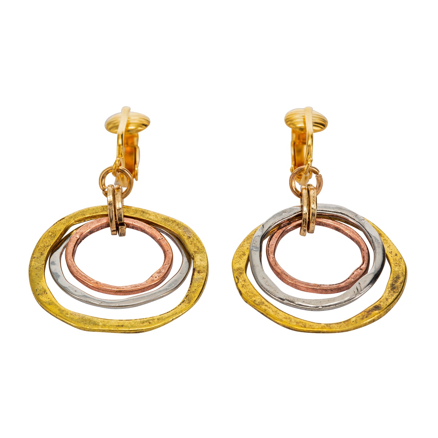 Tri-Tone Triple Circles Clip On Dangling Earrings
