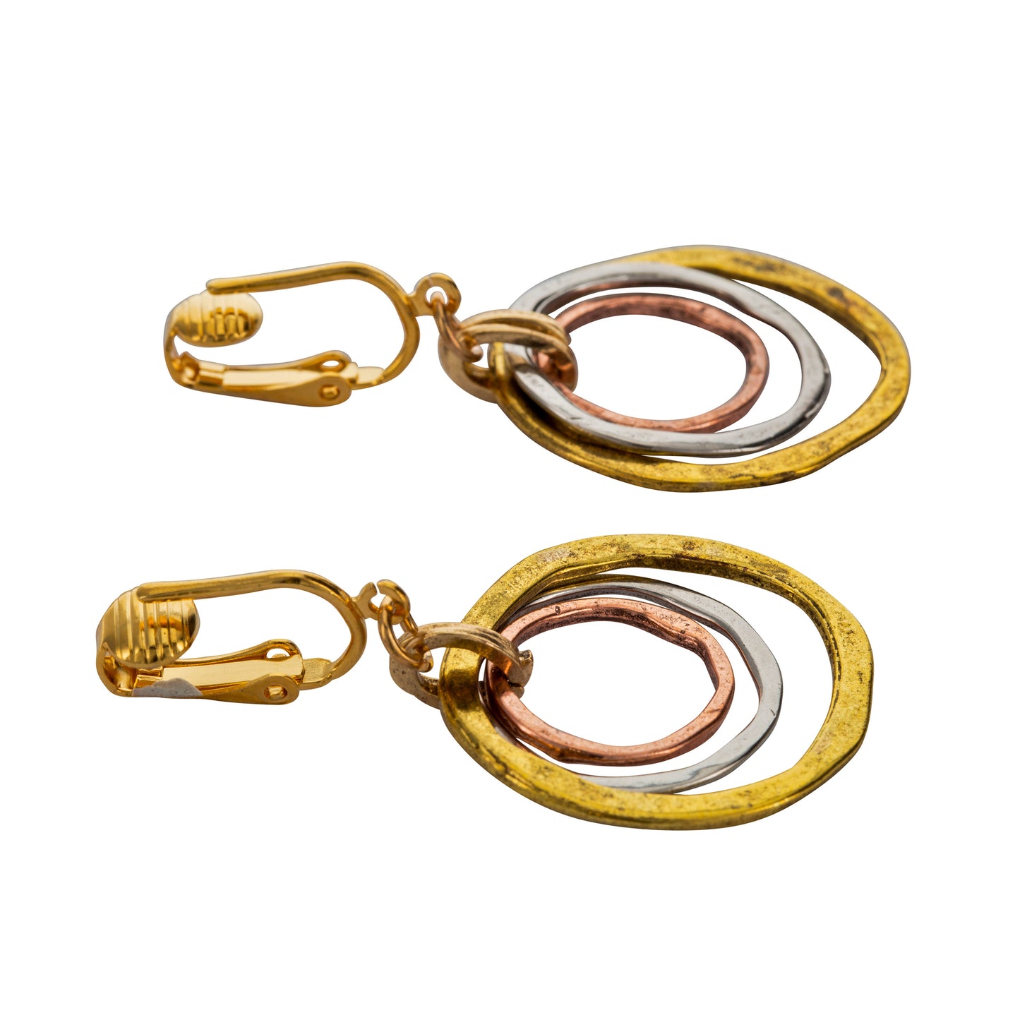 Tri-Tone Triple Circles Clip On Dangling Earrings