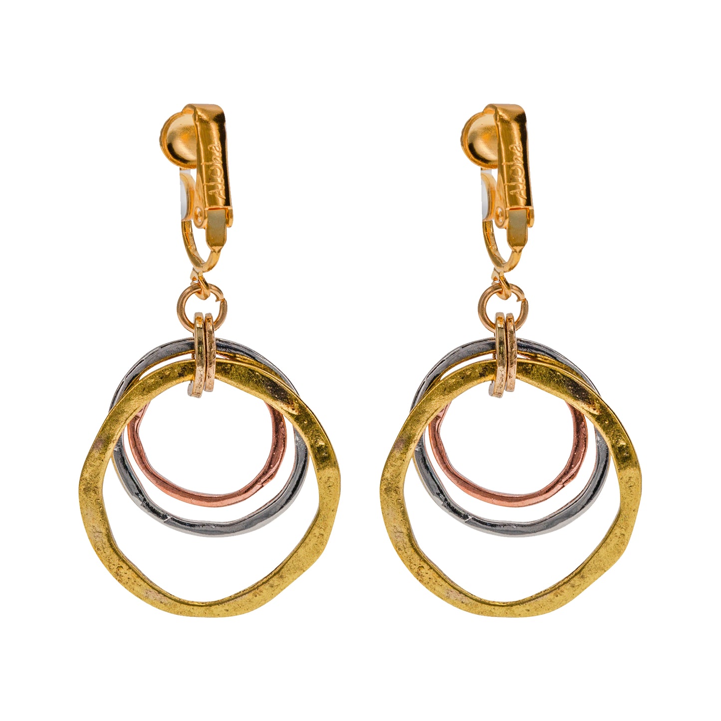 Tri-Tone Triple Circles Clip On Dangling Earrings