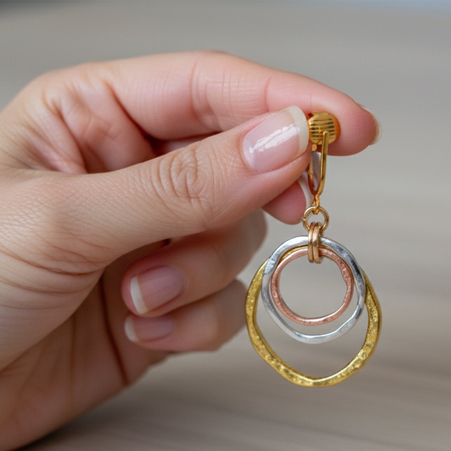 Tri-Tone Triple Circles Clip On Dangling Earrings