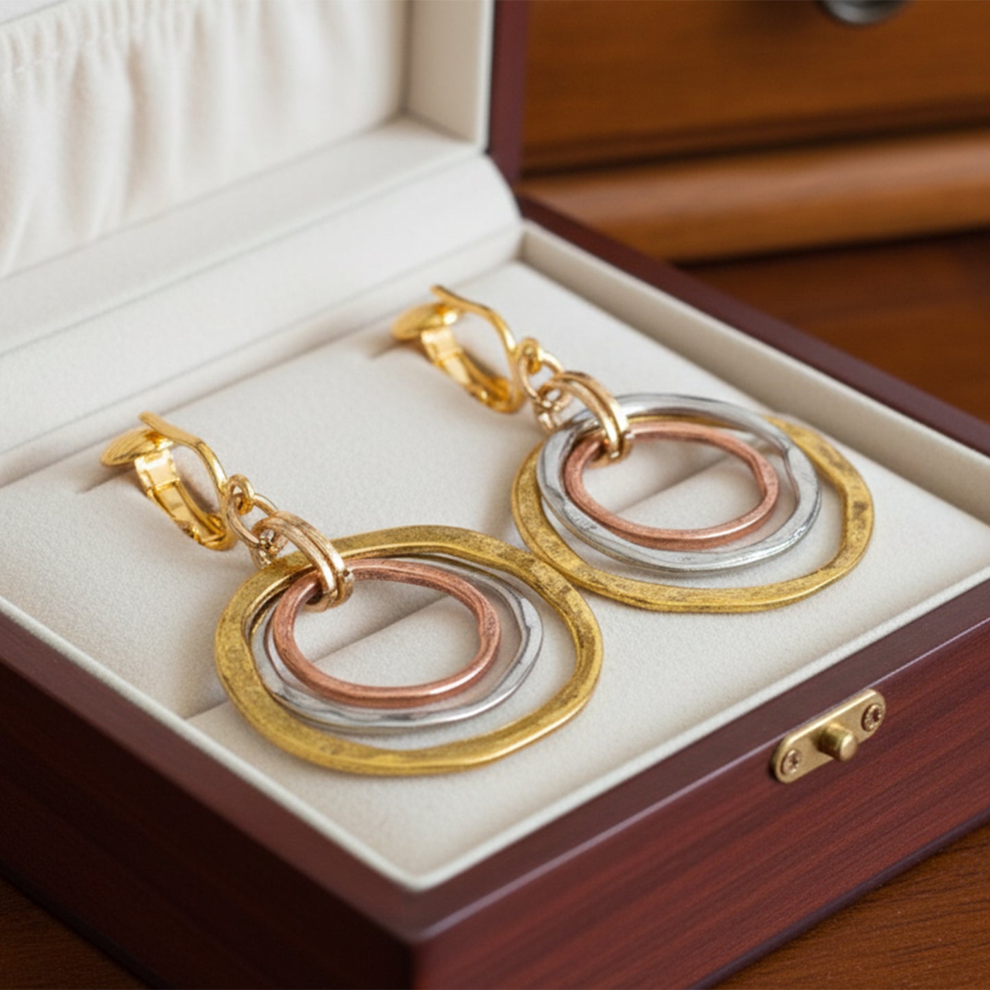 Tri-Tone Triple Circles Clip On Dangling Earrings