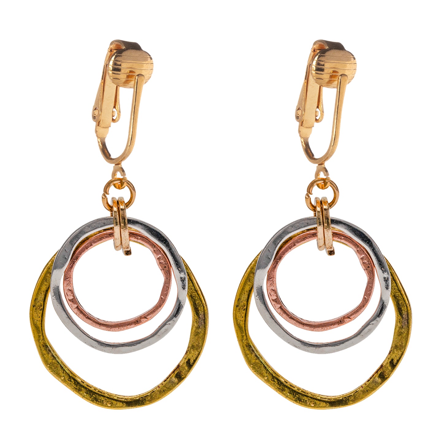 Tri-Tone Triple Circles Clip On Dangling Earrings