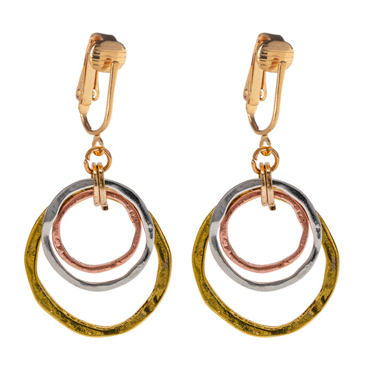Tri-Tone Triple Circles Clip On Dangling Earrings