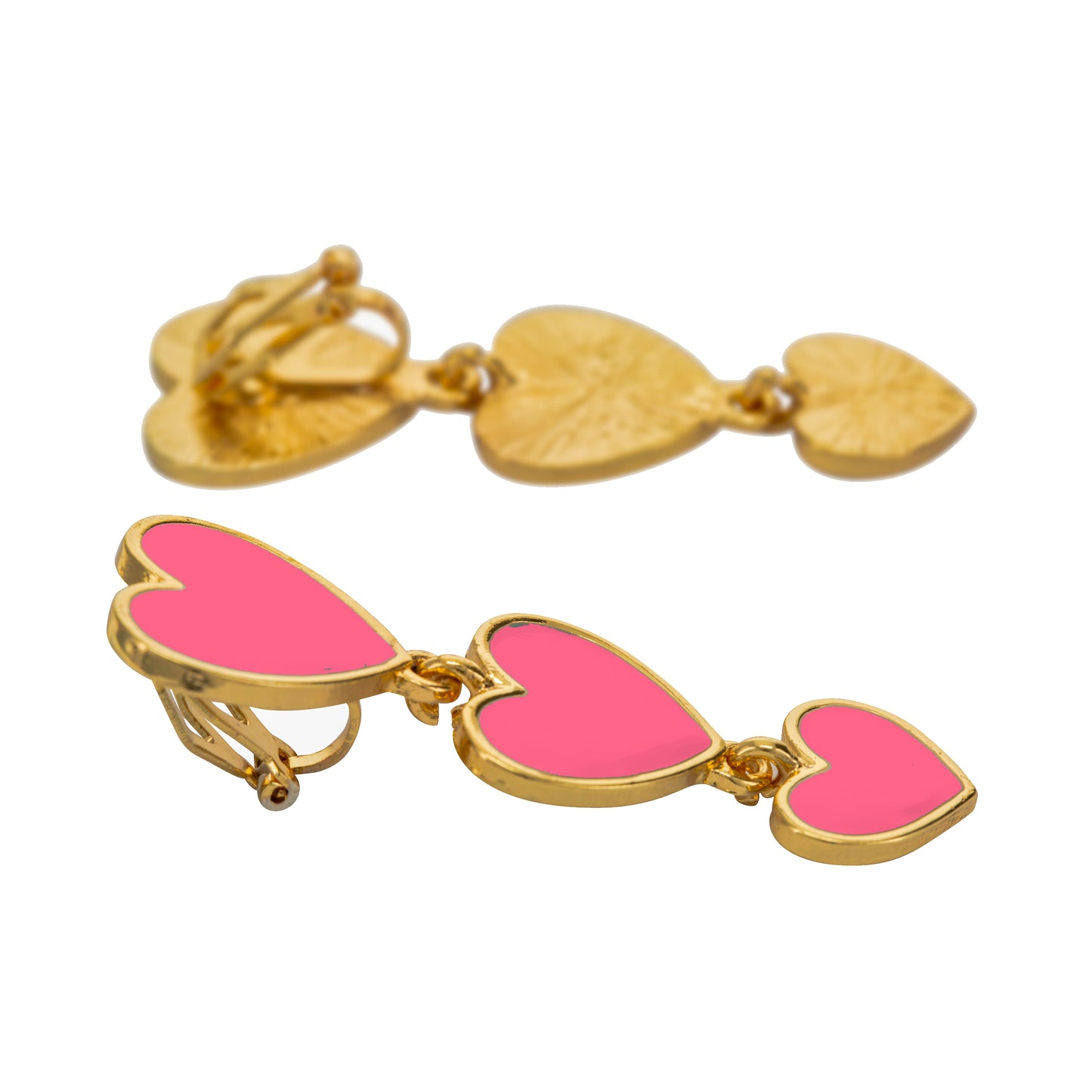 Gold Triple Heart Clip On Dangling Earrings