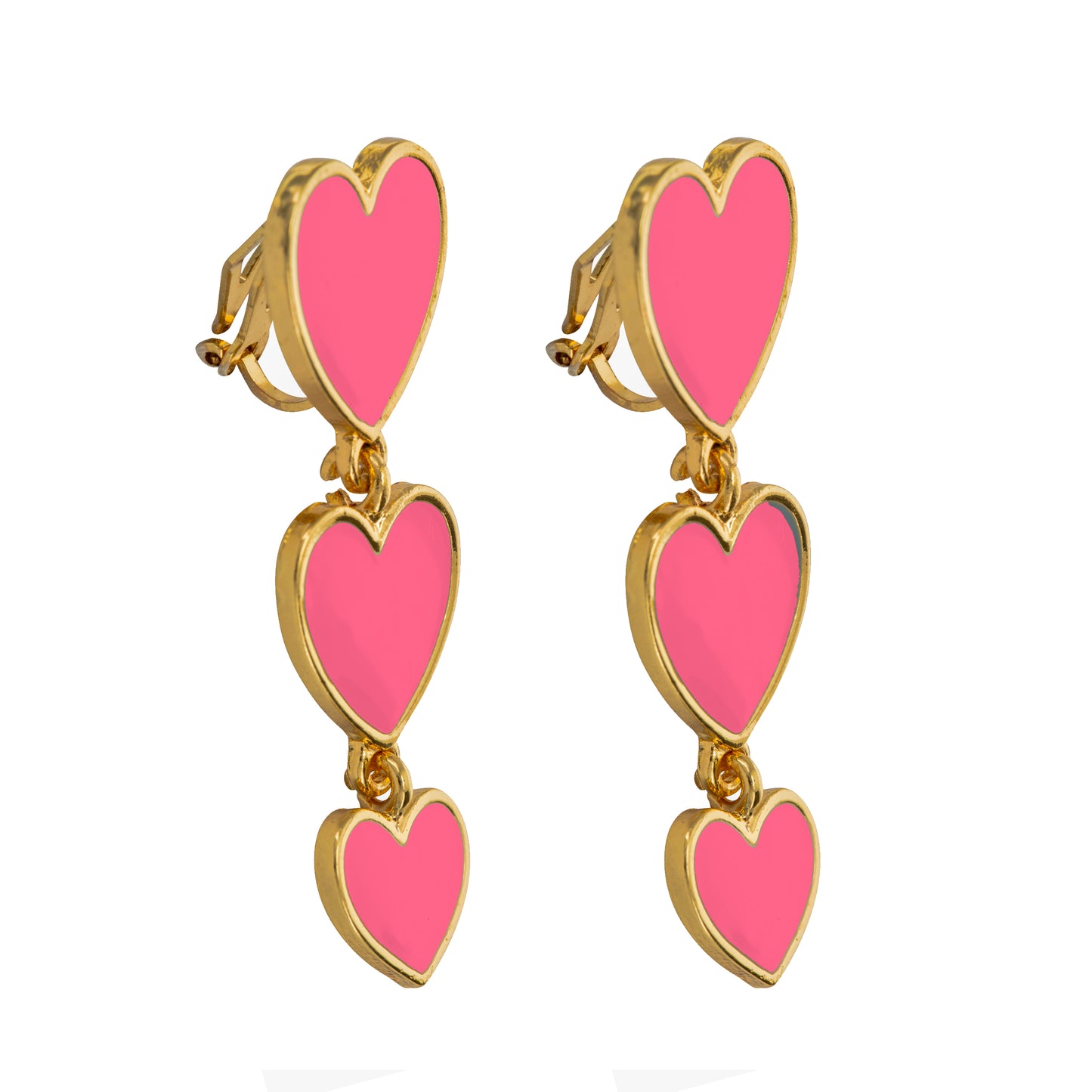 Gold Triple Heart Clip On Dangling Earrings