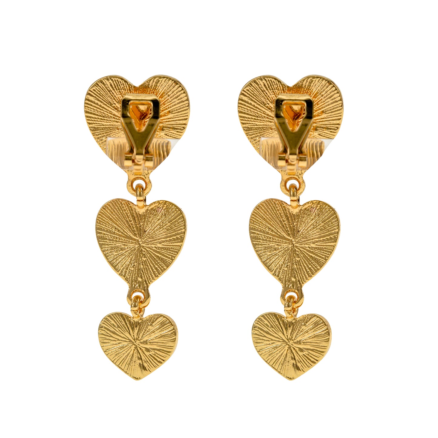 Gold Triple Heart Clip On Dangling Earrings
