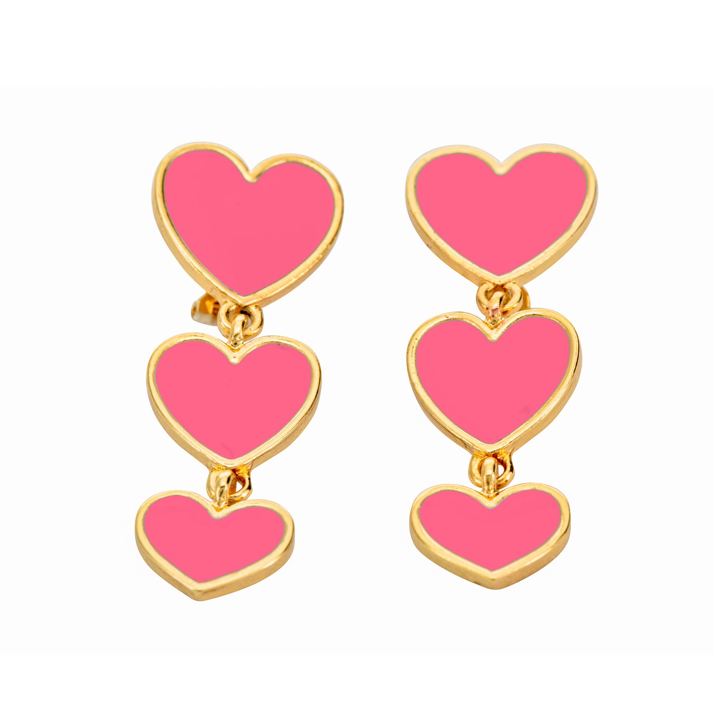 Gold Triple Heart Clip On Dangling Earrings