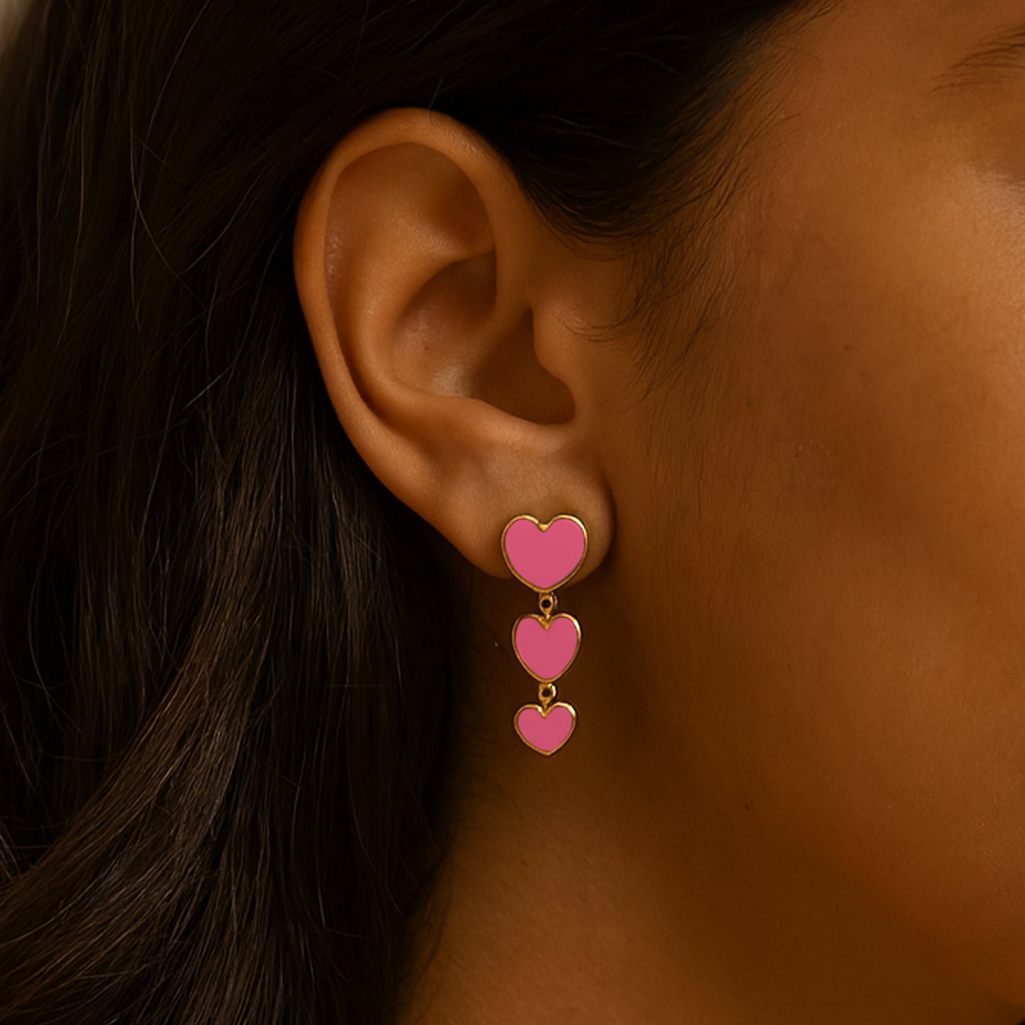 Gold Triple Heart Clip On Dangling Earrings