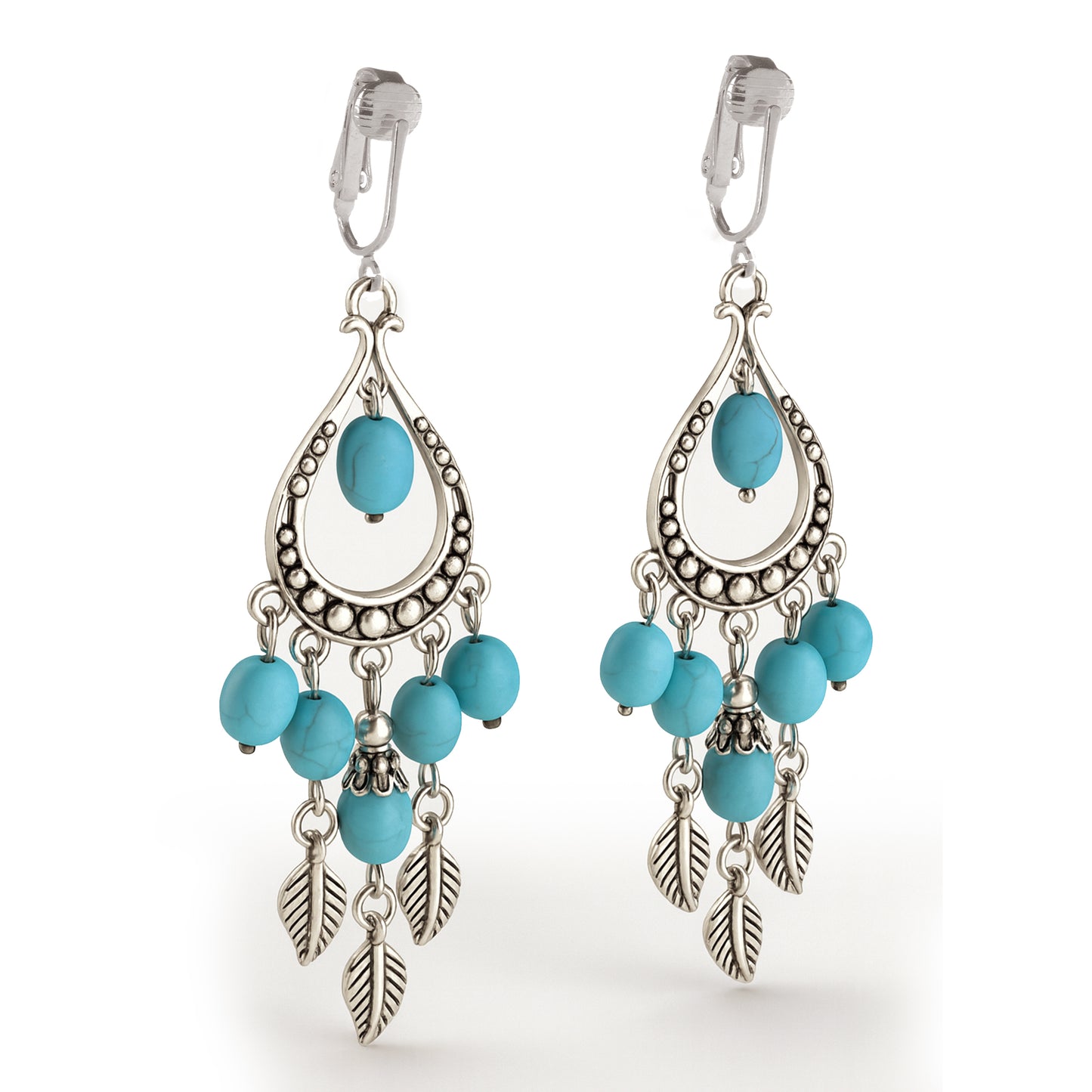 Silver Turquoise Chandelier Clip On Dangling Earrings