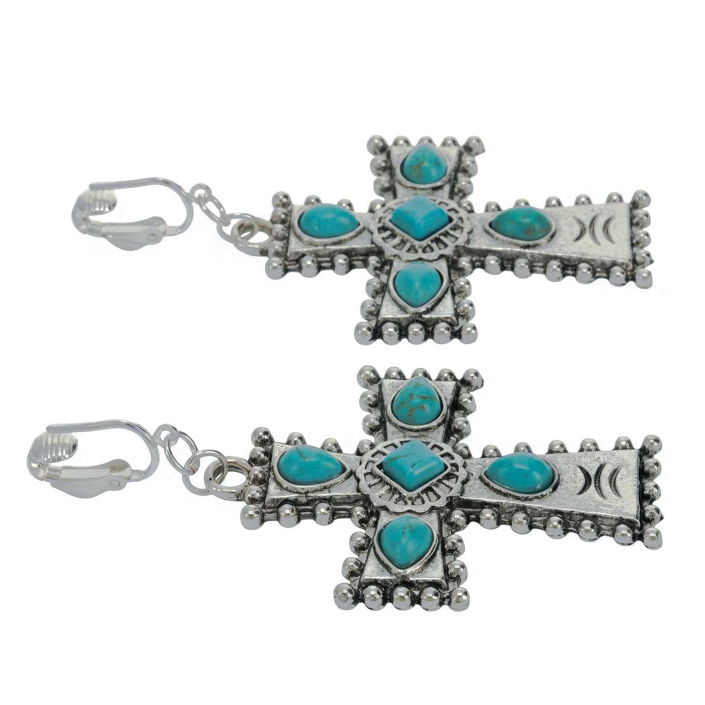 Silver Turquoise Cross Clip On Dangling Earrings