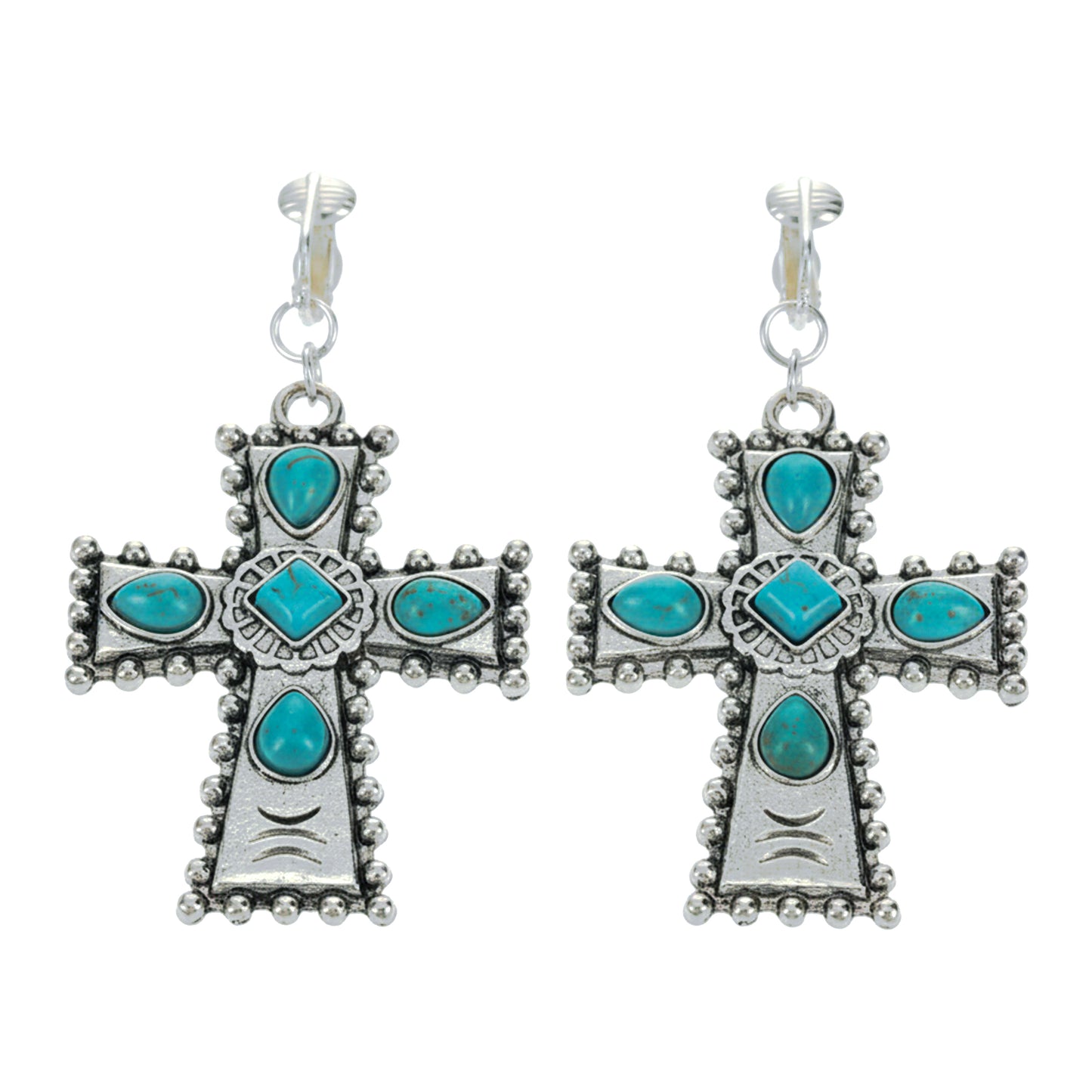 Silver Turquoise Cross Clip On Dangling Earrings