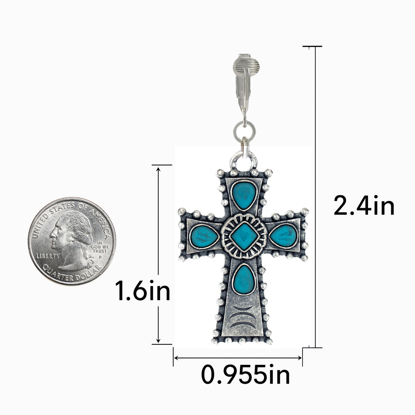 Silver Turquoise Cross Clip On Dangling Earrings