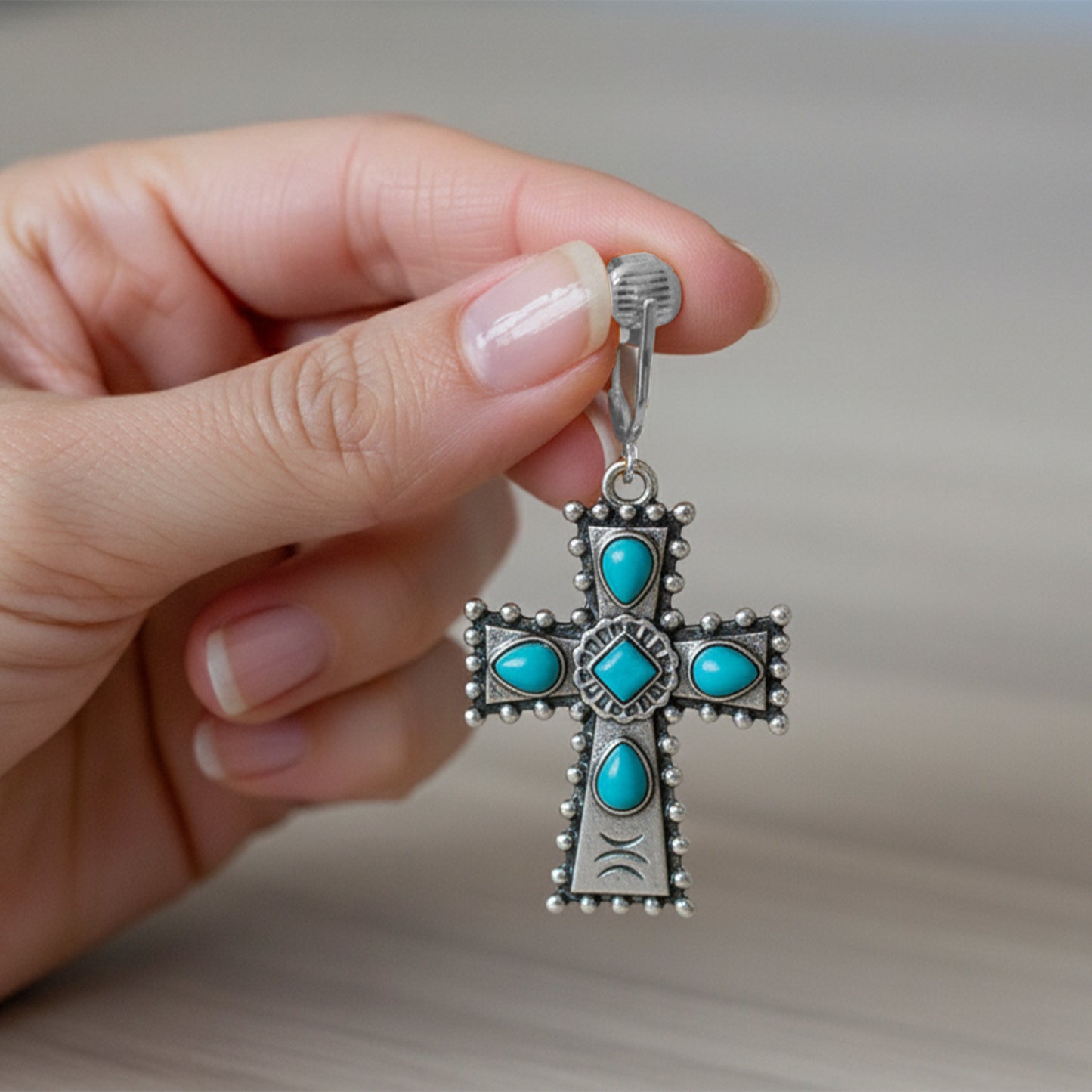 Silver Turquoise Cross Clip On Dangling Earrings