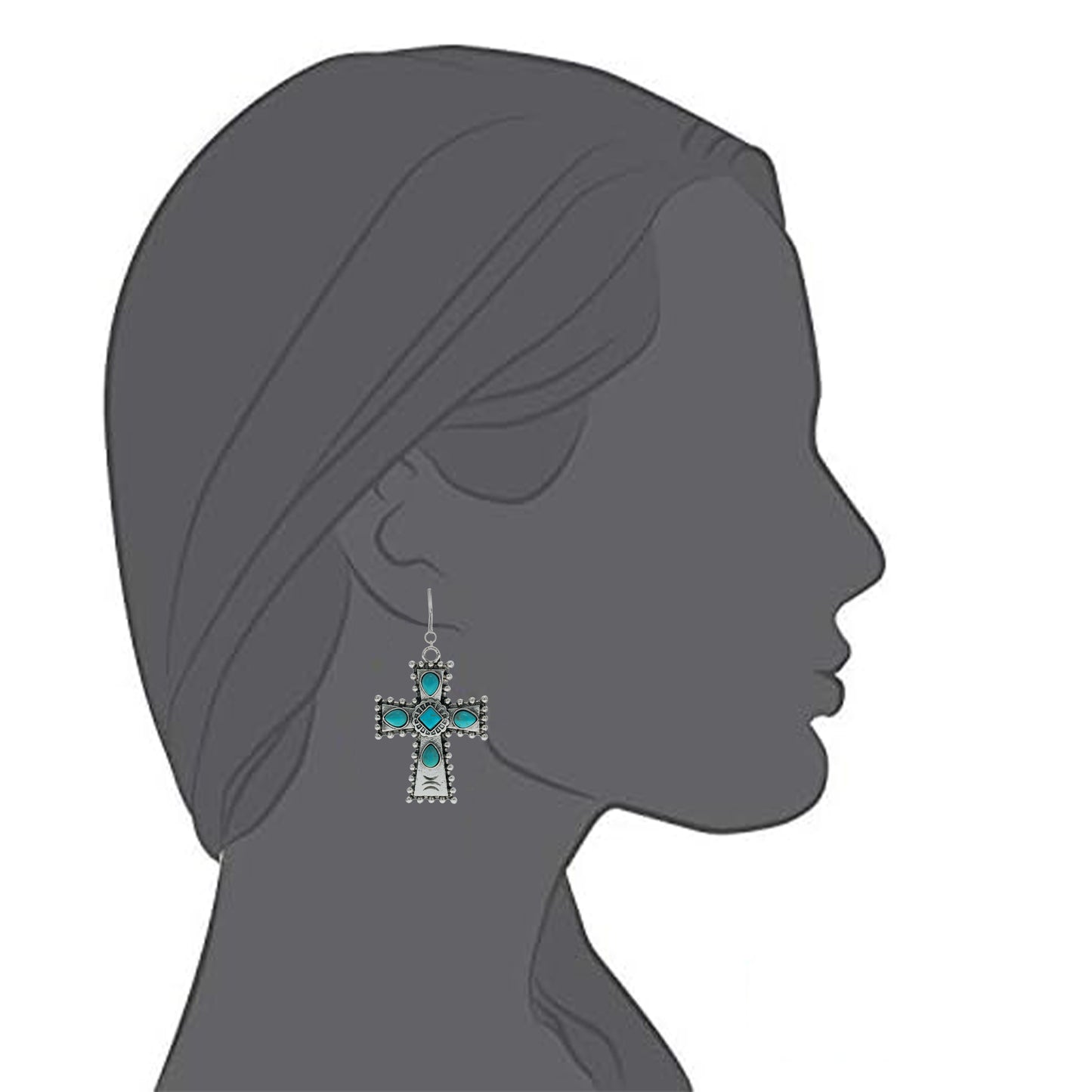 Silver Turquoise Cross Clip On Dangling Earrings