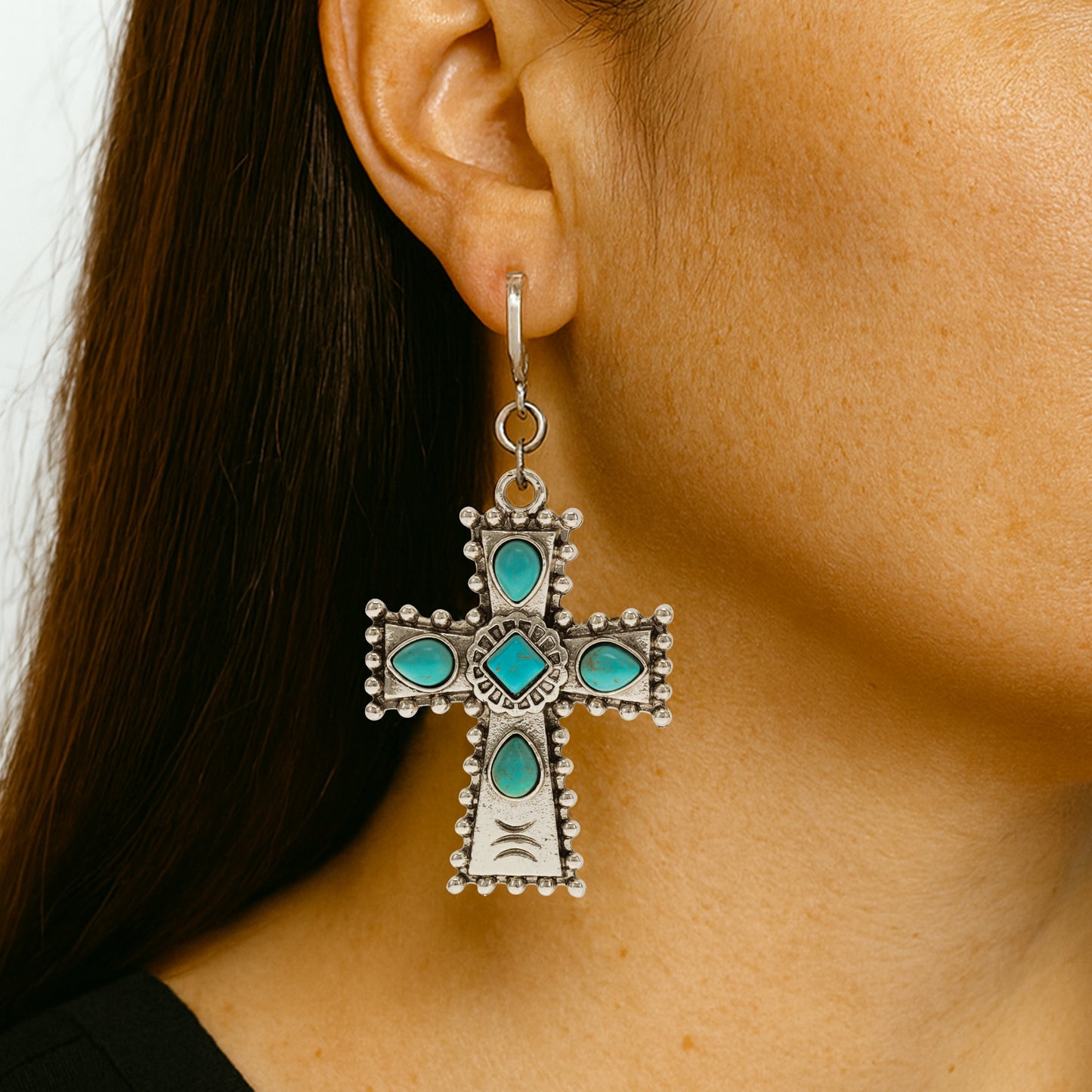 Silver Turquoise Cross Clip On Dangling Earrings