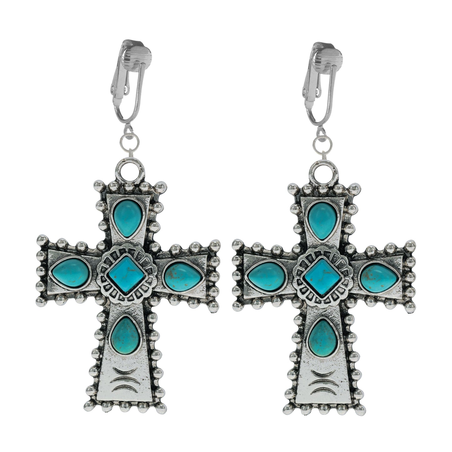 Silver Turquoise Cross Clip On Dangling Earrings