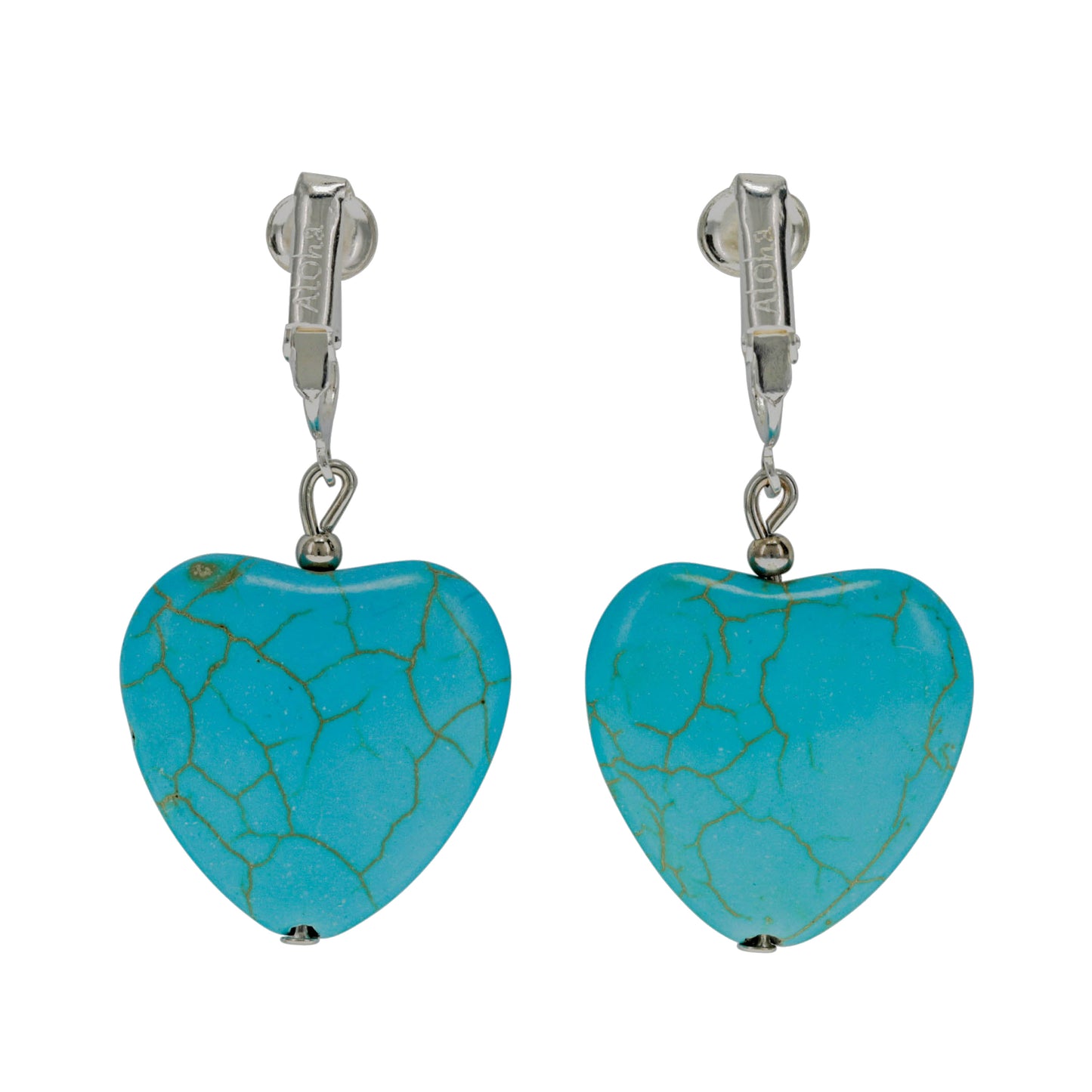 Silver Turquoise Heart Clip On Dangling Earrings