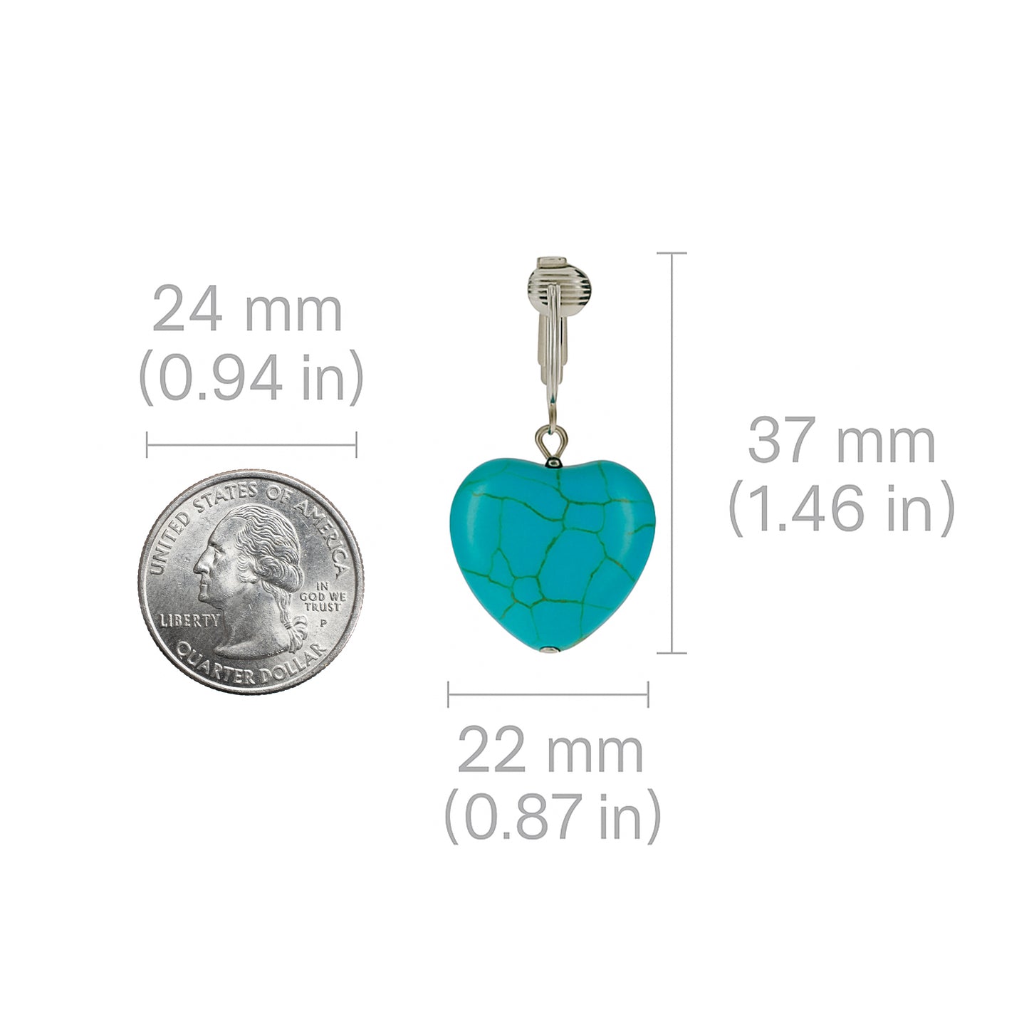 Silver Turquoise Heart Clip On Dangling Earrings