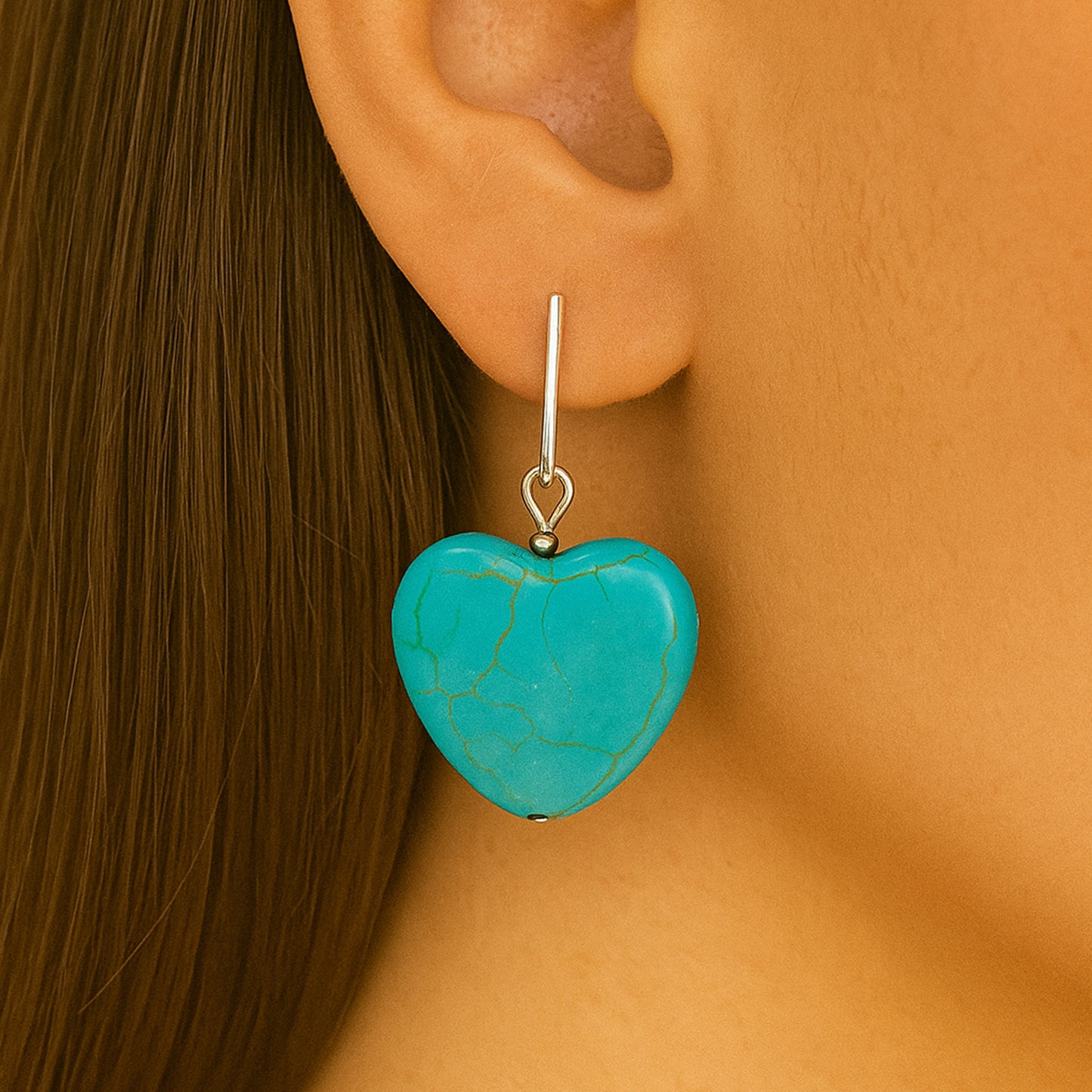 Silver Turquoise Heart Clip On Dangling Earrings