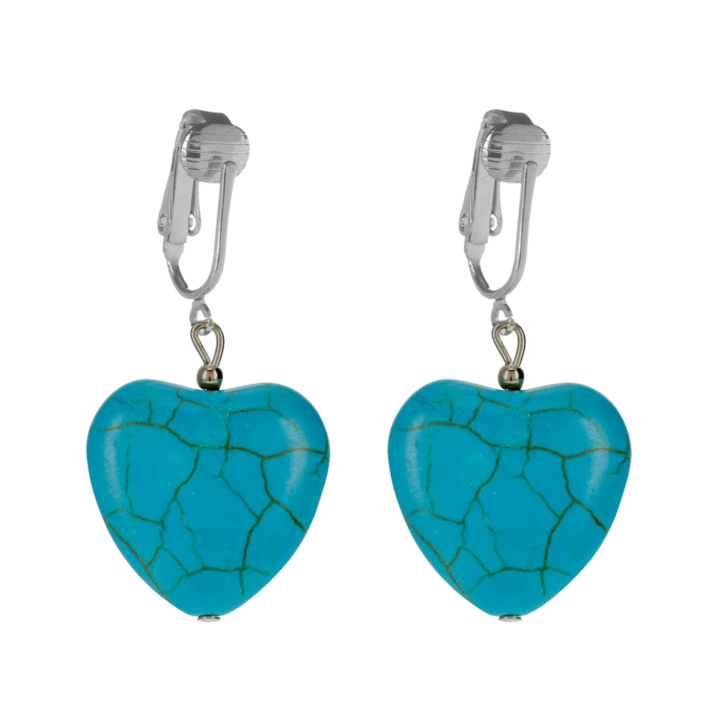 Silver Turquoise Heart Clip On Dangling Earrings
