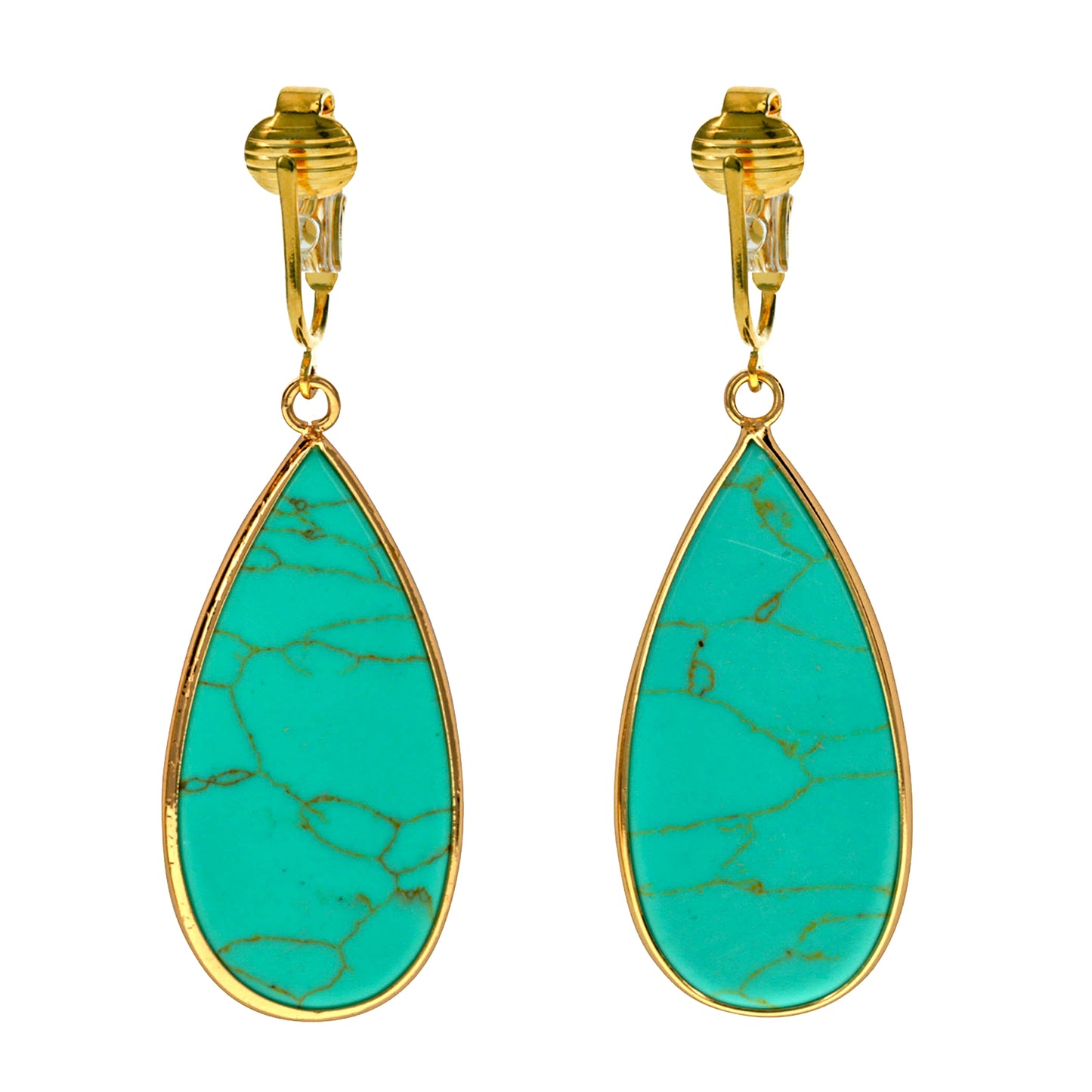 Gold Natural Stone Teardrop Clip On Dangling Earrings