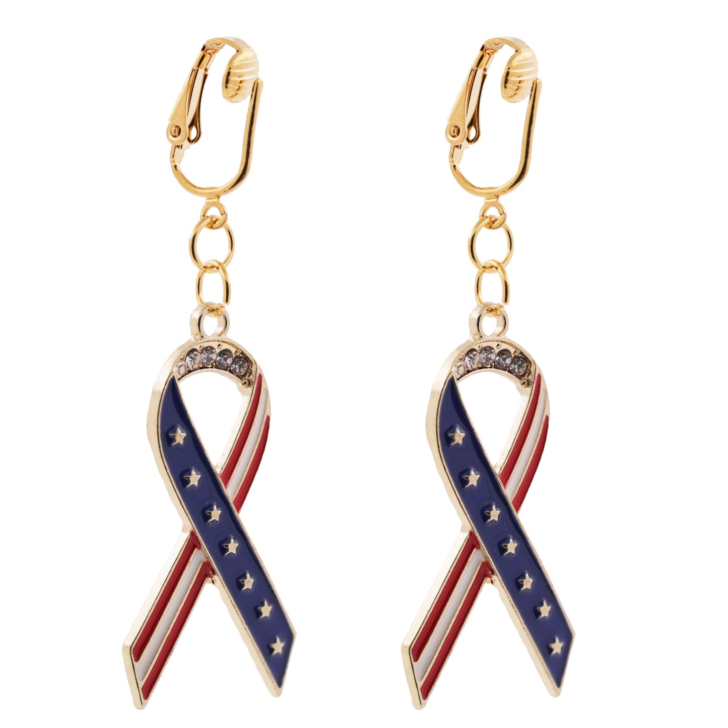 Gold American Flag Ribbons Clip On Dangling Earrings